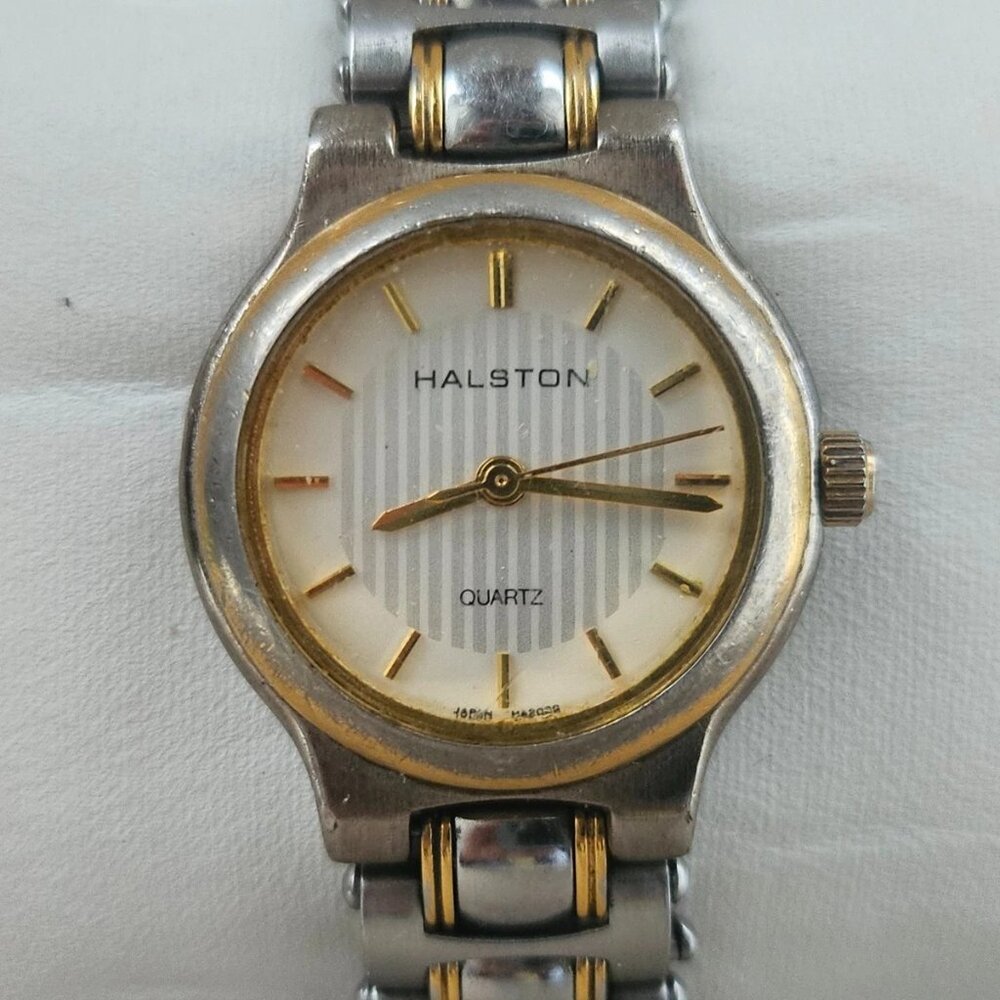 Vintage Halston Ladies Wristwatch Silver Gold Dual Tone Quartz Wrist Watch